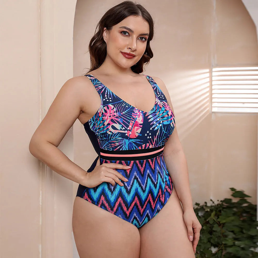 Women's striped vest-style one-piece swimsuit with spaghetti straps and printed pattern