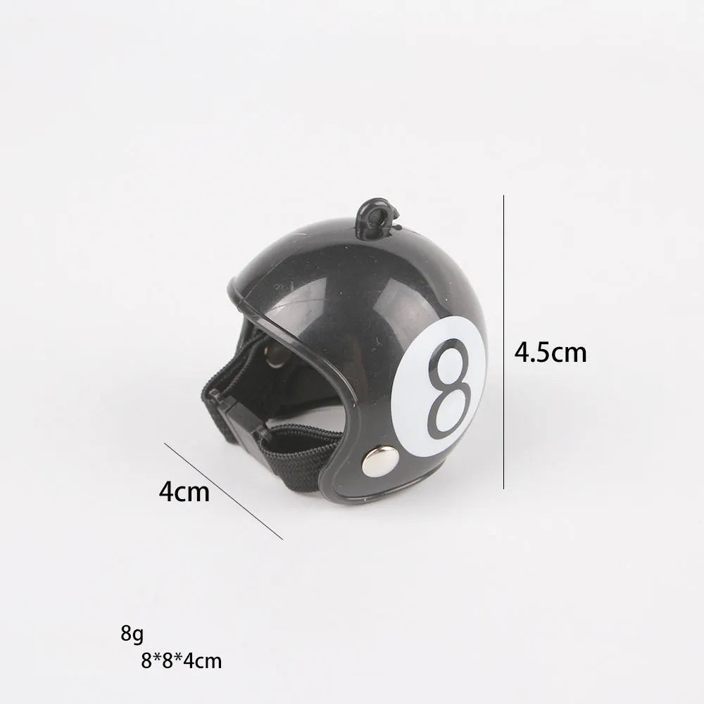 Small hard plastic helmet with elastic straps and sponge lining for a chicken or pet bird.