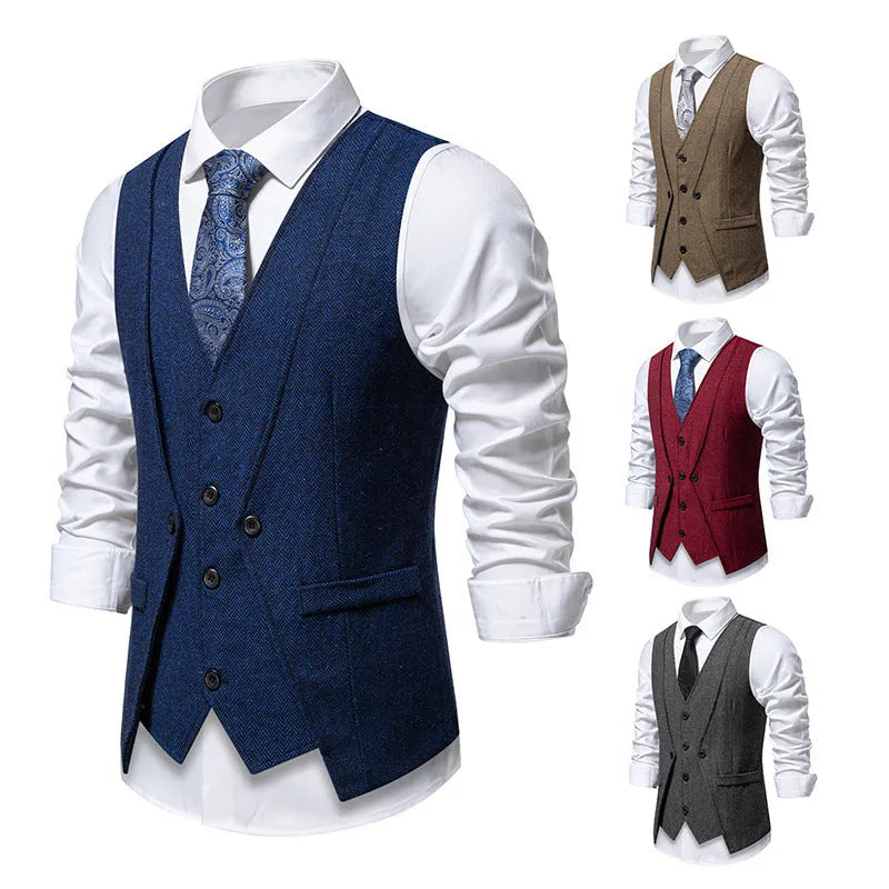 Men’s retro fake two-piece slim-fit vest coat in dark gray for formal banquet wear