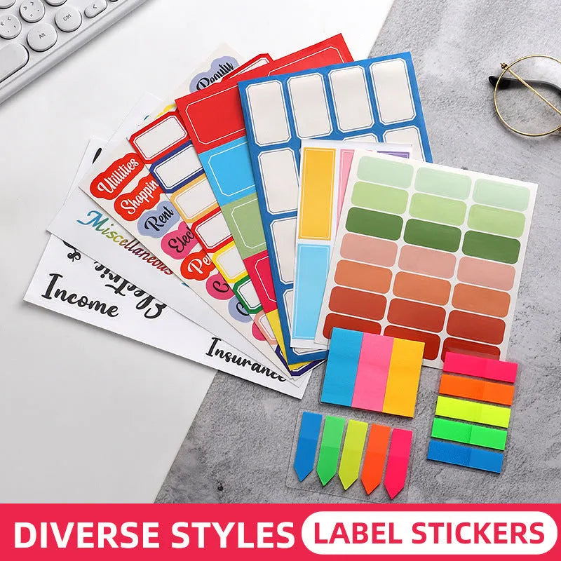 Assorted adhesive stickers and sticky notes showing grid formats and colourful designs with A6 ruler versions