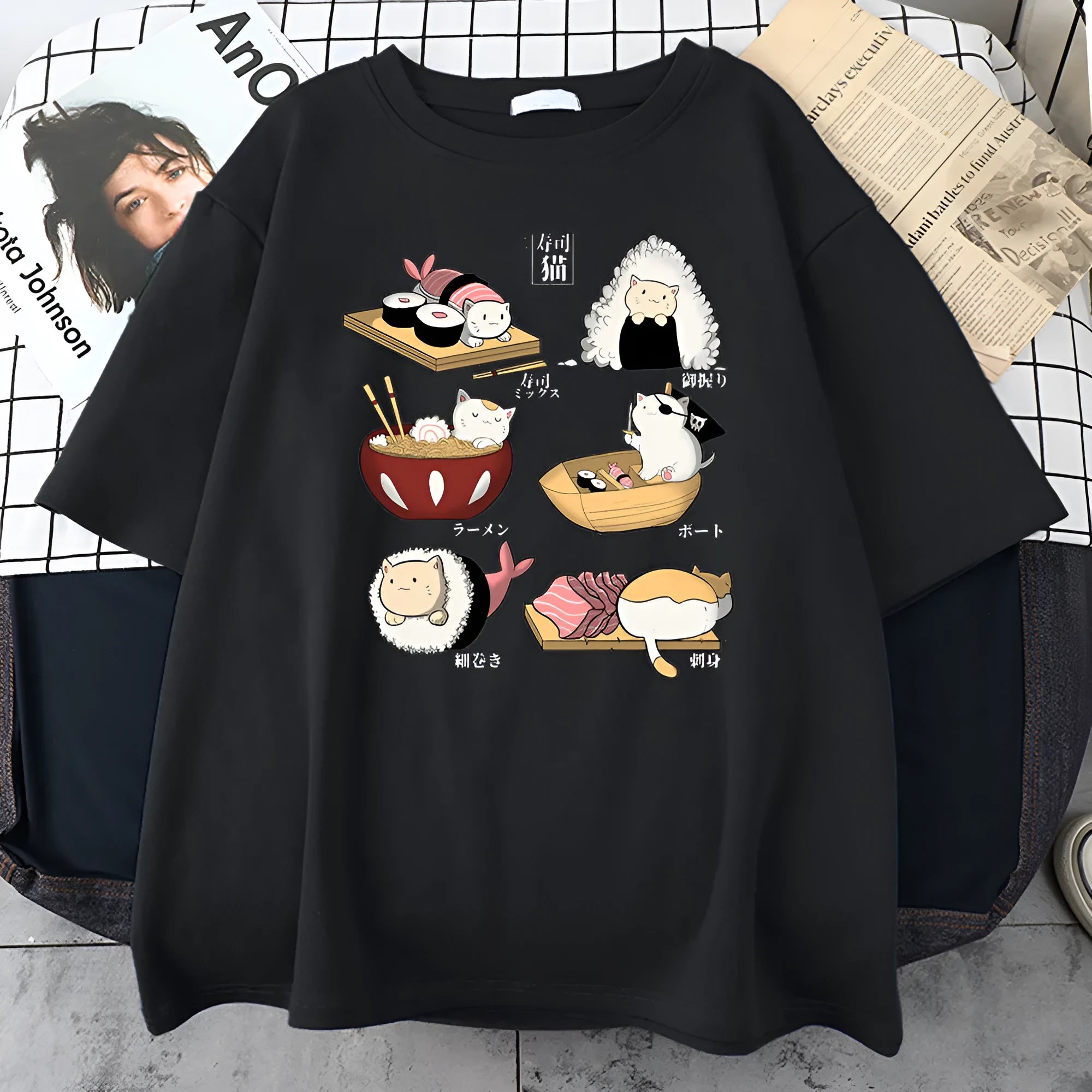 Men's black cotton T-shirt with printed cat sushi cartoon design, short sleeves, loose fit