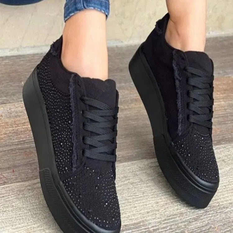 Plus size women's rhinestone casual pumps with thick flat heels in black, blue, white, or red