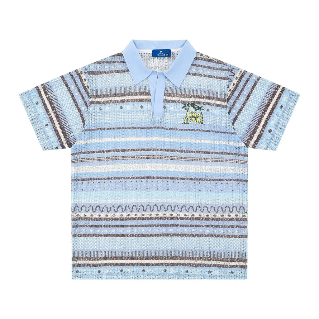 Men's loose-fit casual printed shirt in blue and yellow colours, made from elastic polyester fabric.