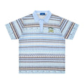 Men's loose-fit casual printed shirt in blue and yellow colours, made from elastic polyester fabric.