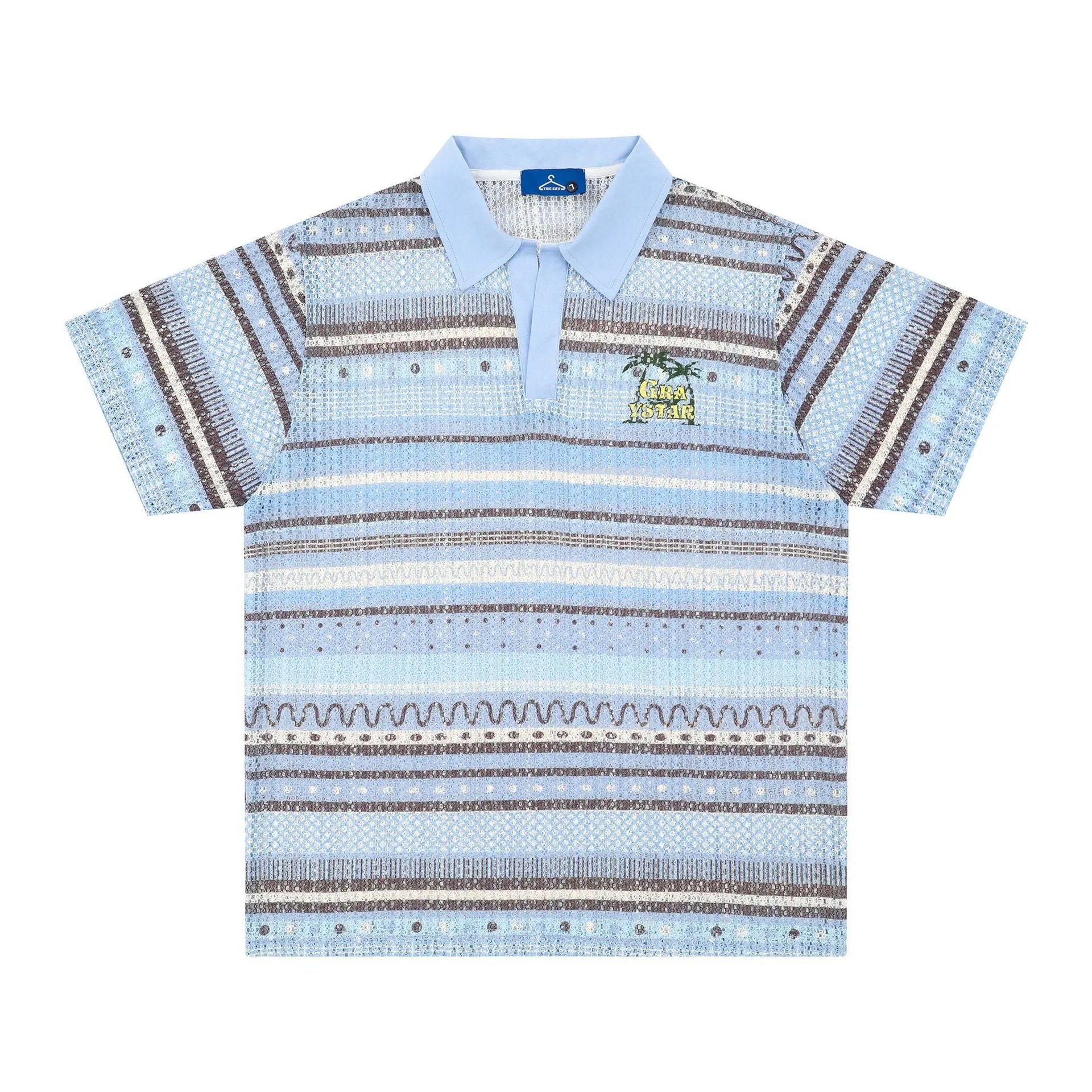 Men's loose-fit casual printed shirt in blue and yellow colours, made from elastic polyester fabric.