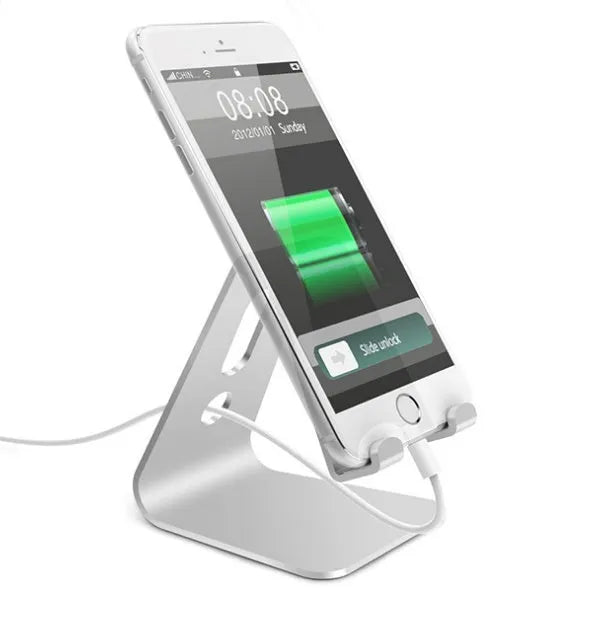 Aluminium phone stand in choice of black, red, rose gold, or silver, holding a smartphone.