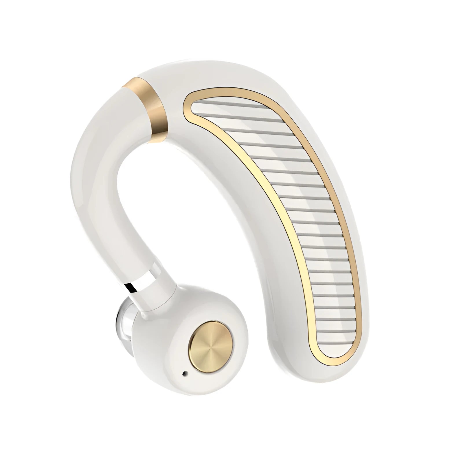 Sweatproof wireless earphones in black gold, black silver, white gold, and box colour options on a charging case.