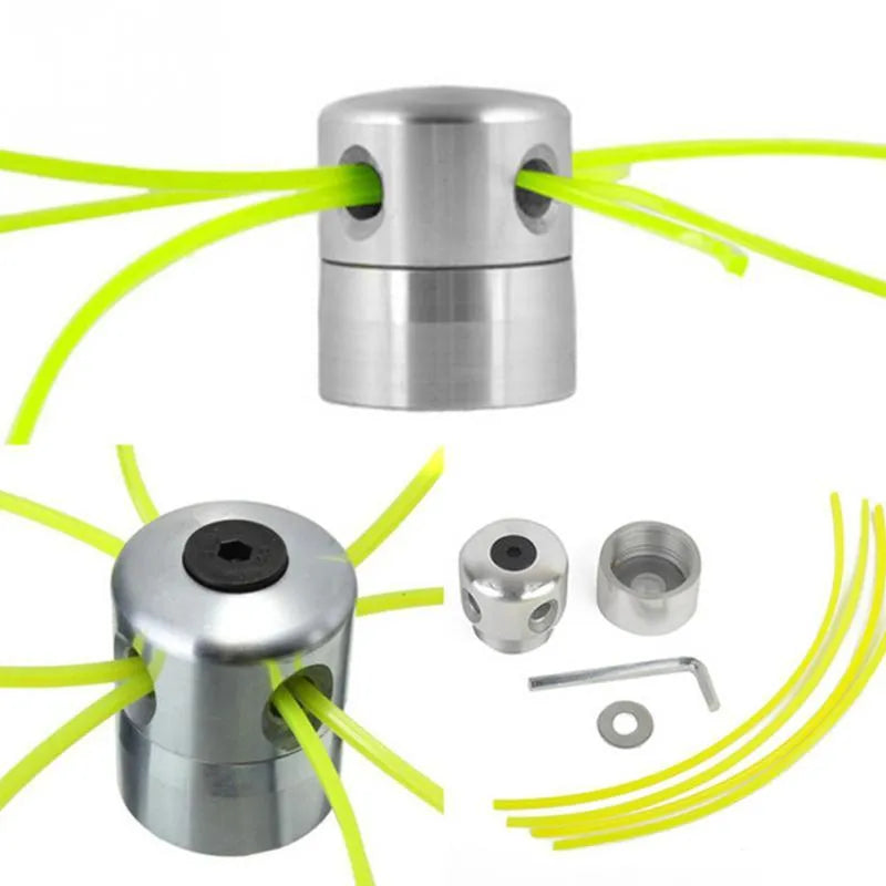 Silver aluminium grass trimmer head with four light yellow square strings for lawn mower replacement