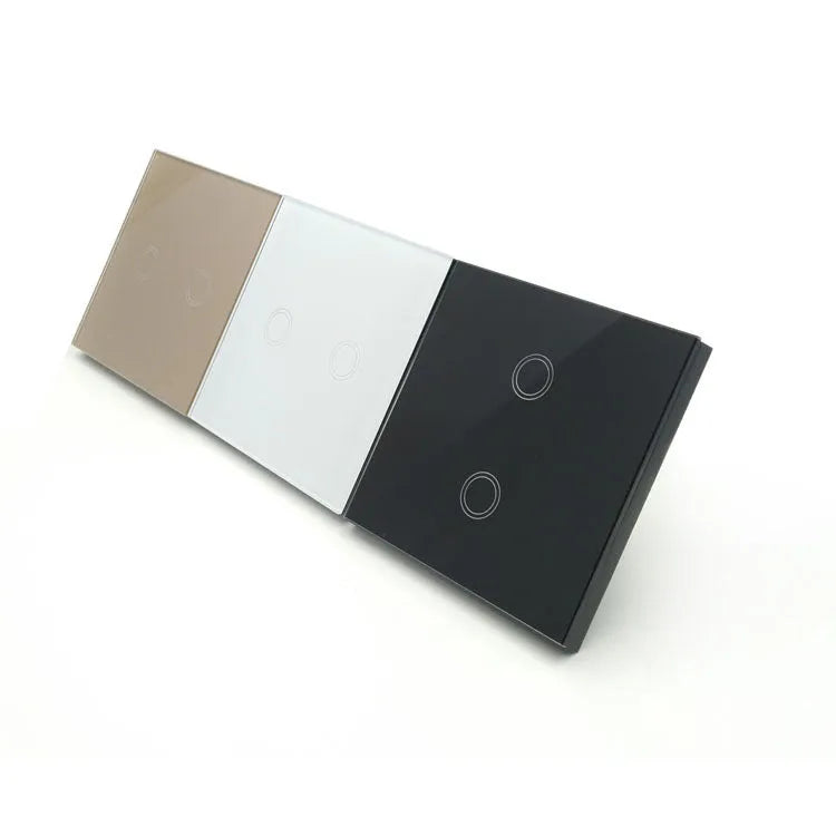 Single-gang tempered glass touch light switch in black, shown front-on.