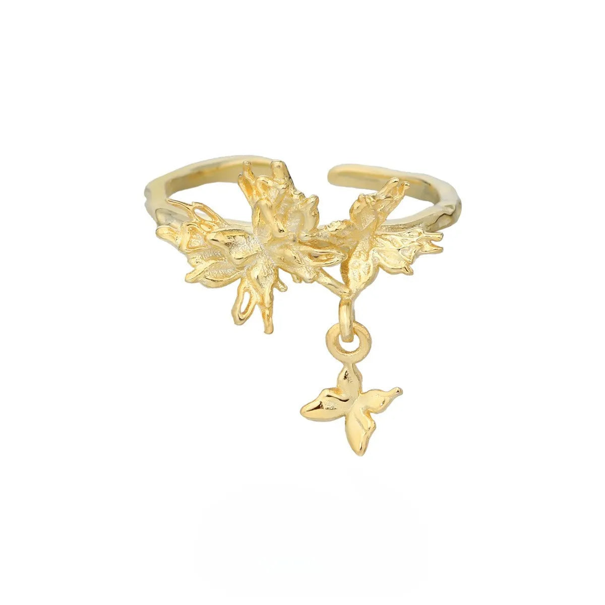 Silver butterfly ring with adjustable opening in white gold or 18K gold colour tone.