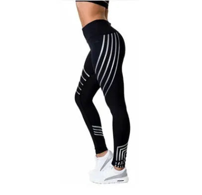 Women's high-waist workout leggings with glowing night print in black and white colours