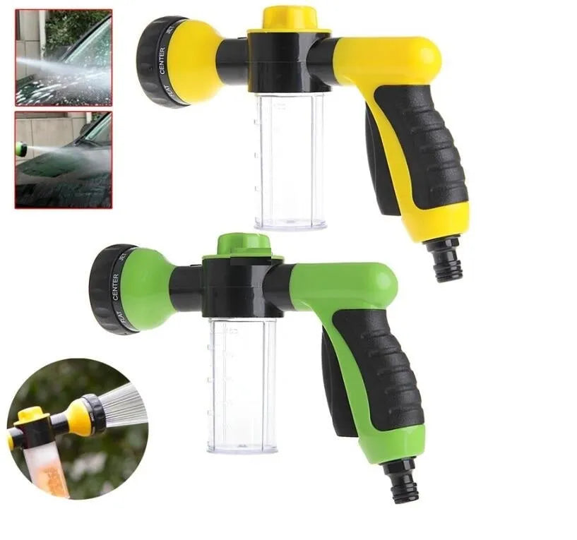 Green high-pressure foam spray water gun with adjustable nozzle for car and garden cleaning.