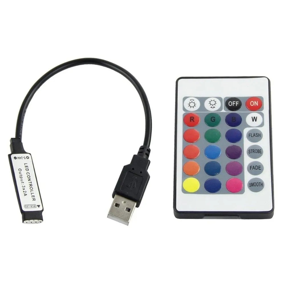 A one-metre long flexible USB LED light strip with SMD5050 LEDs, shown with its 50cm integrated cable, available in six colours.