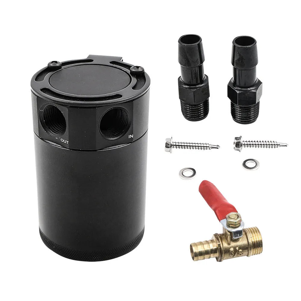 Black automotive aluminium oil pot with two-hole design and optional drain valve for workshop use