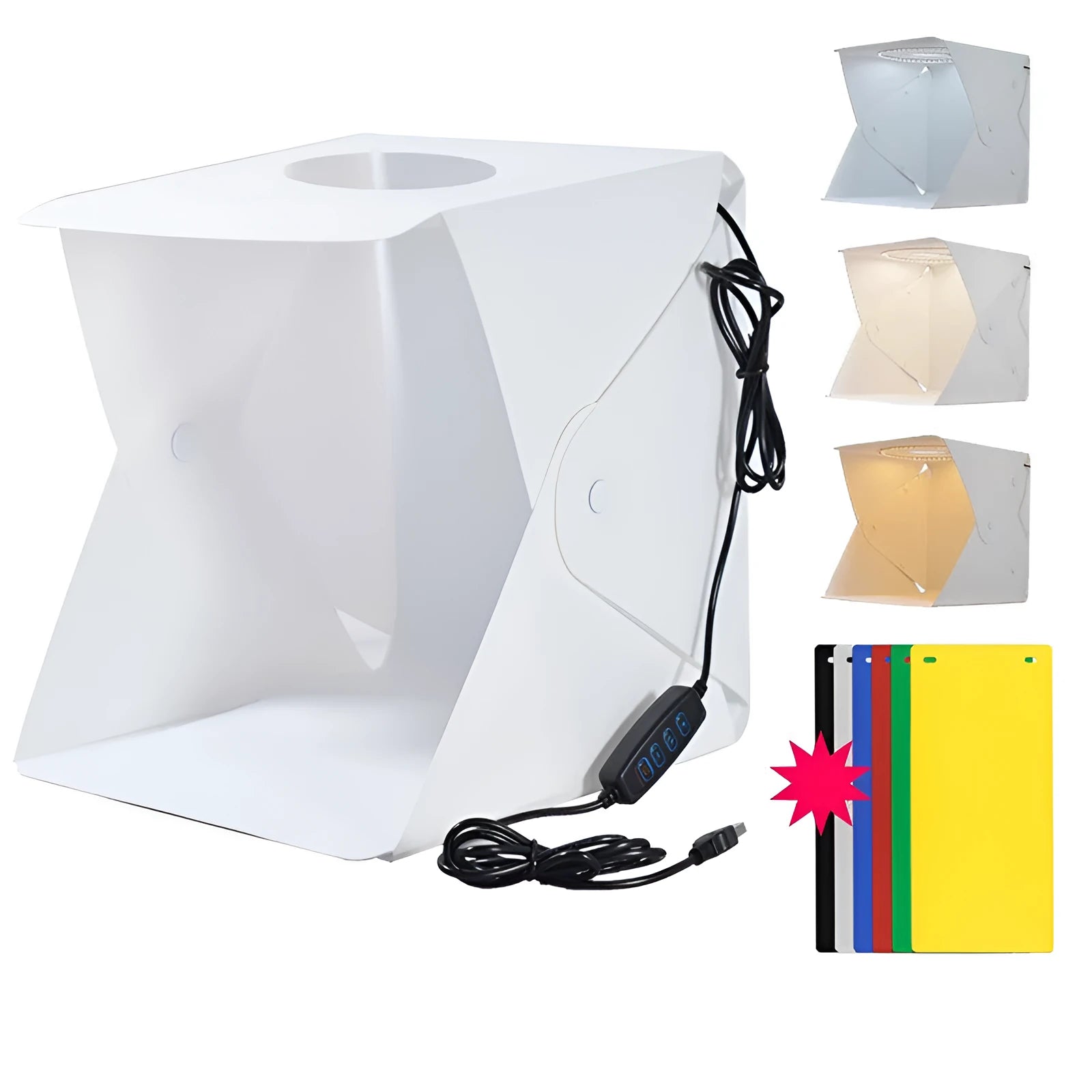 40cm folding studio soft light box with LED ring light and six coloured background cloths for product photography