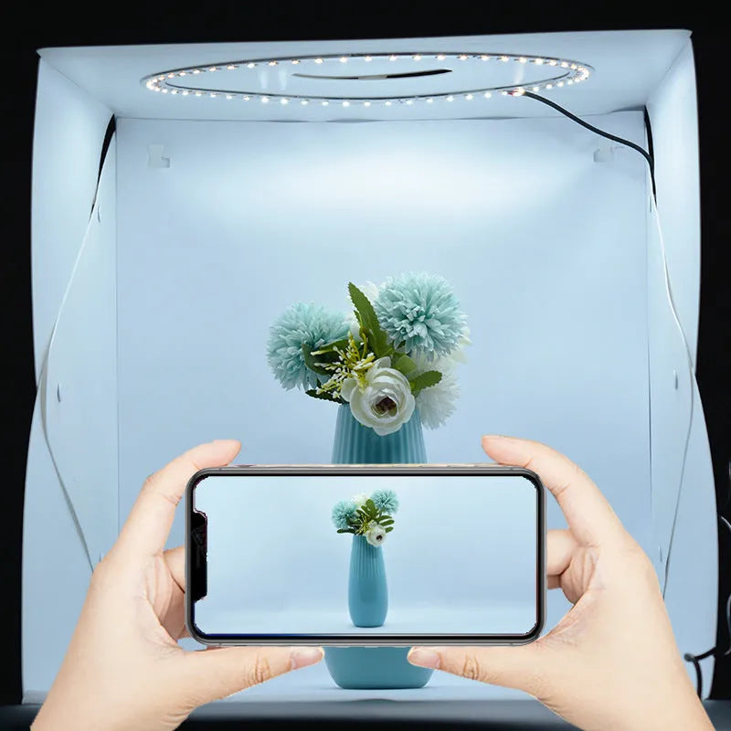 40cm folding studio soft light box with LED ring light and six coloured background cloths for product photography