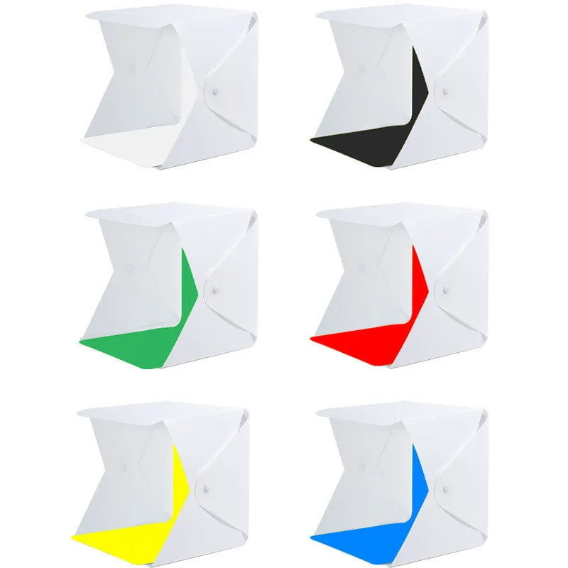 40cm folding studio soft light box with LED ring light and six coloured background cloths for product photography