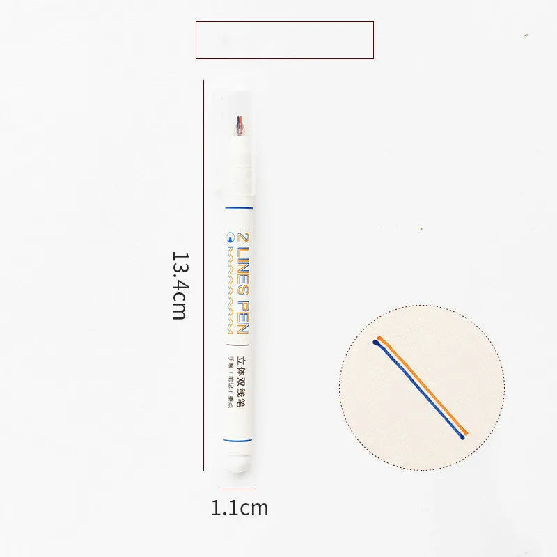 Stereo double line highlighter pen with 0.5mm tip in five colours: black, blue, green, orange, pink.