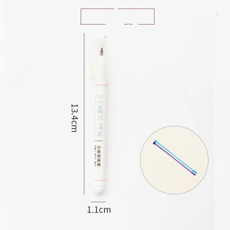 Stereo double line highlighter pen with 0.5mm tip in five colours: black, blue, green, orange, pink.