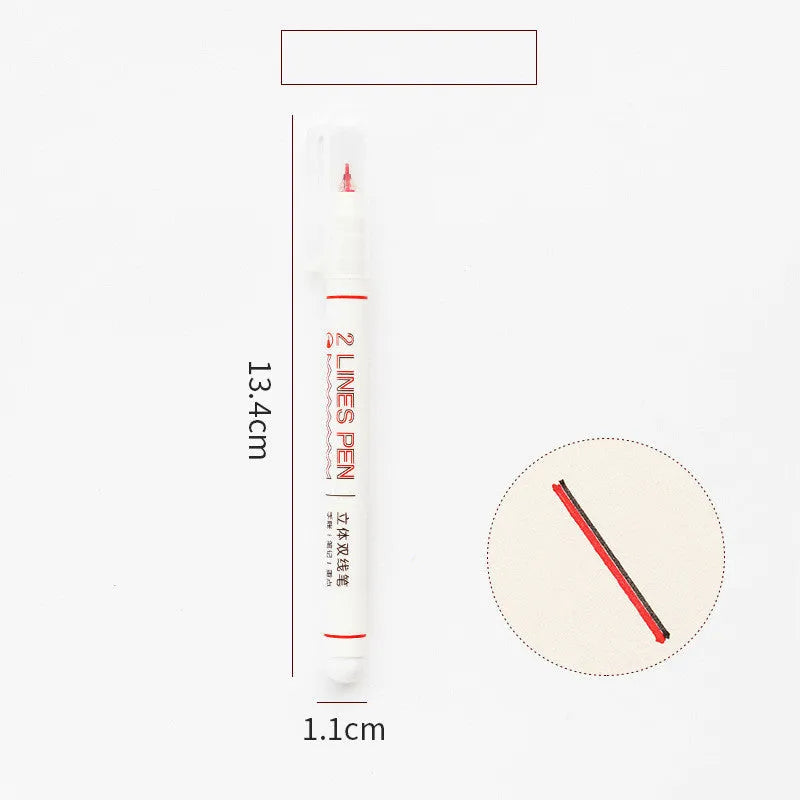 Stereo double line highlighter pen with 0.5mm tip in five colours: black, blue, green, orange, pink.