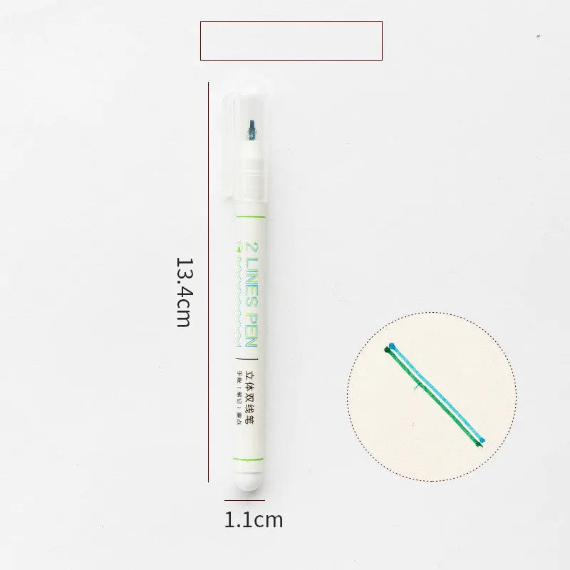 Stereo double line highlighter pen with 0.5mm tip in five colours: black, blue, green, orange, pink.