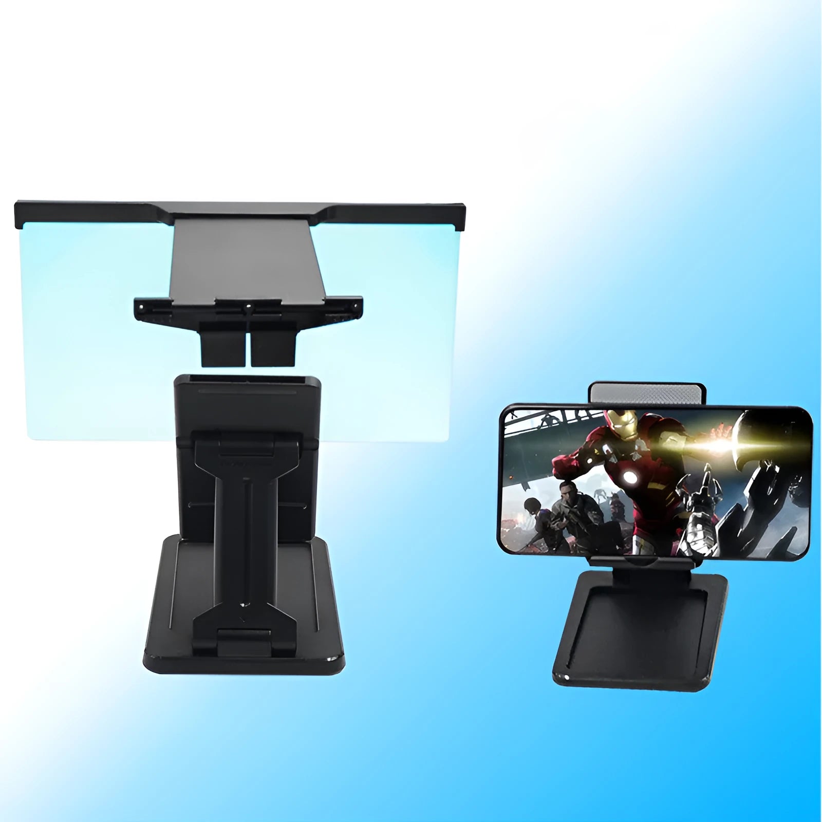 Black L20 split mobile phone screen magnifier with acrylic lens and separate phone bracket on a table.