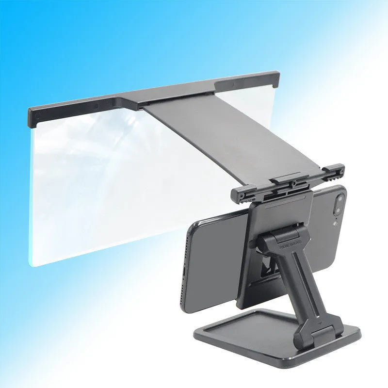 Black L20 split mobile phone screen magnifier with acrylic lens and separate phone bracket on a table.