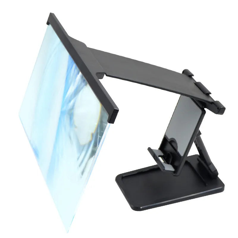Black L20 split mobile phone screen magnifier with acrylic lens and separate phone bracket on a table.