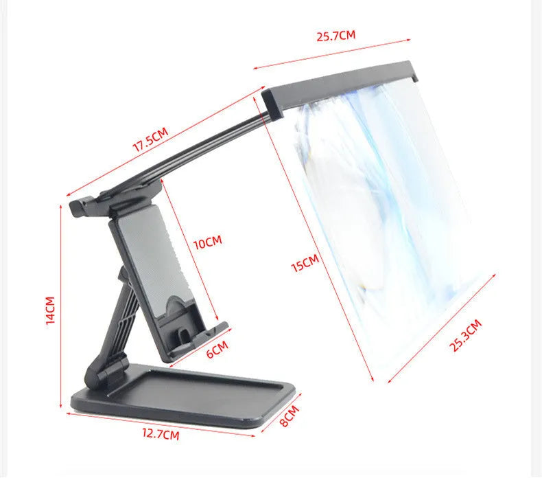 Black L20 split mobile phone screen magnifier with acrylic lens and separate phone bracket on a table.