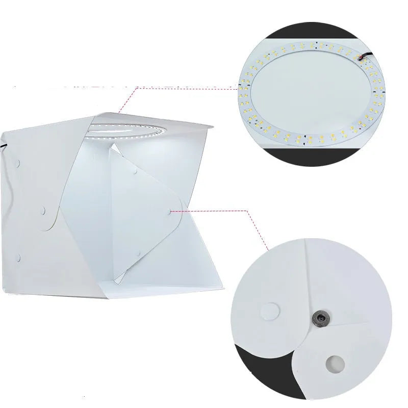 40cm folding studio soft light box with LED ring light and six coloured background cloths for product photography