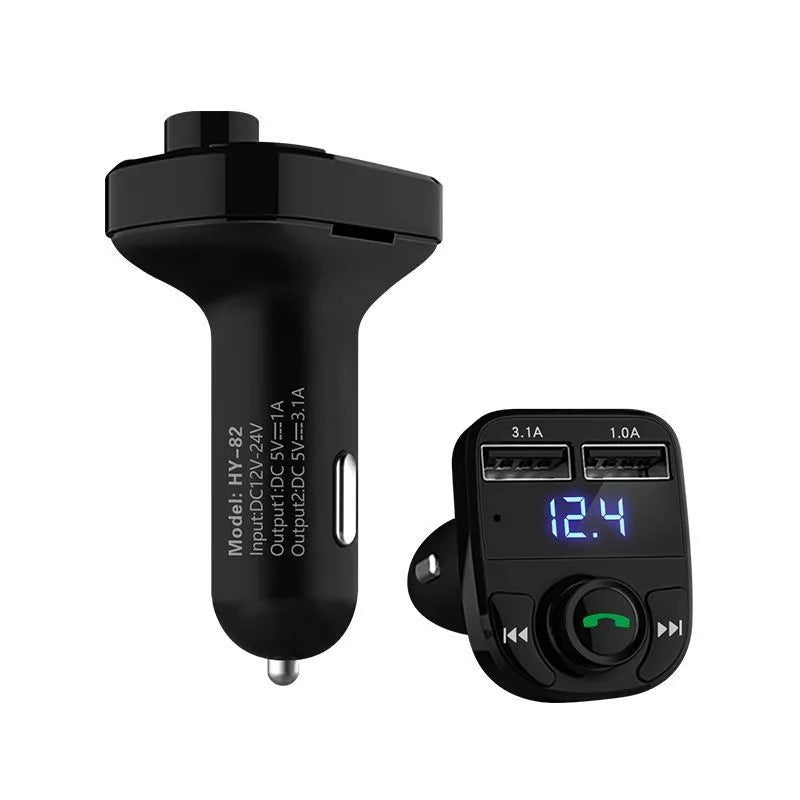 HY82 car Bluetooth MP3 player with cigarette lighter plug and dual USB charging ports