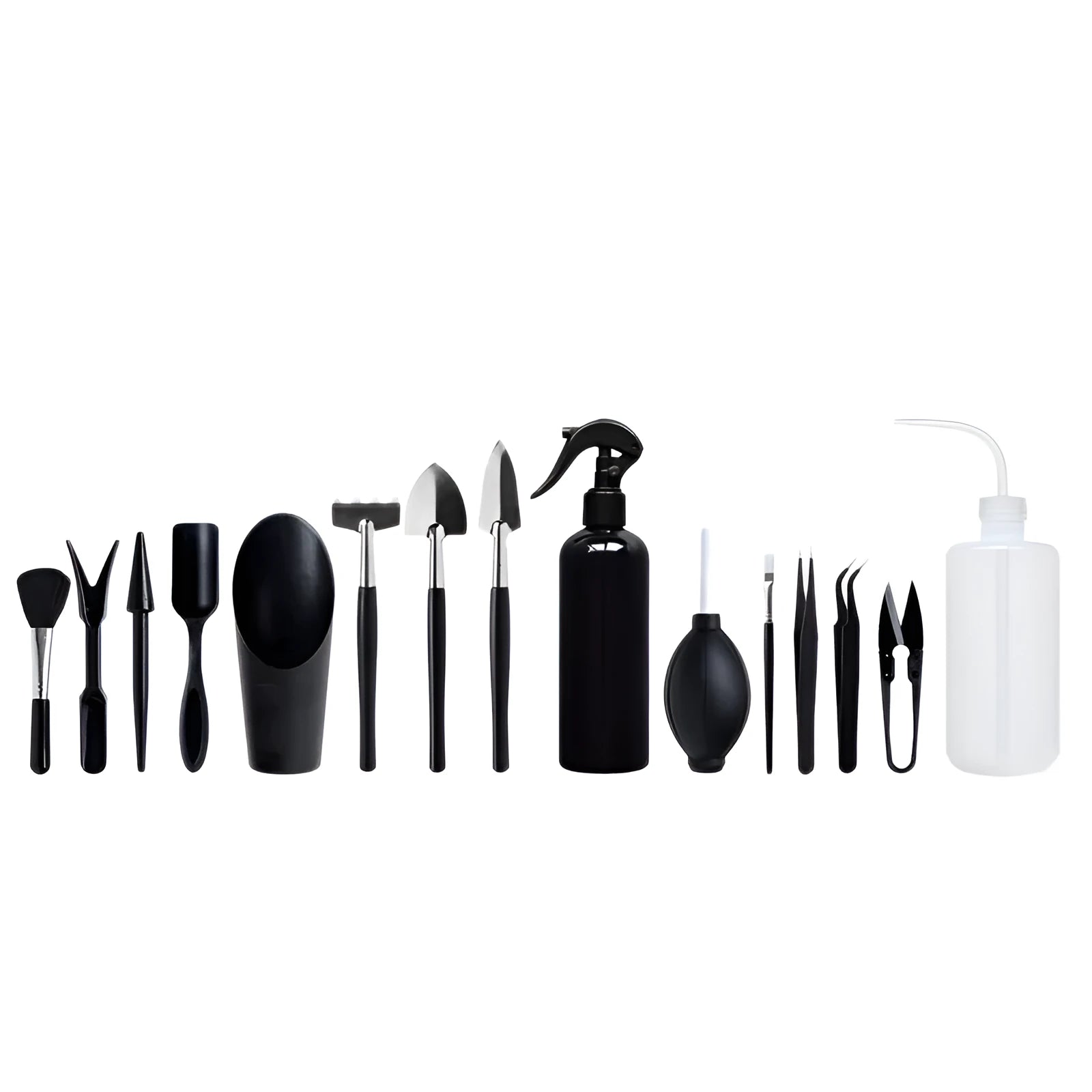 Black succulent garden tools set with tweezers, shovel, scissors, watering bottle and 75cm cushion mat