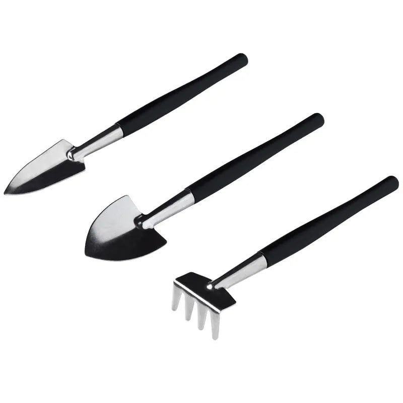 Black succulent garden tools set with tweezers, shovel, scissors, watering bottle and 75cm cushion mat