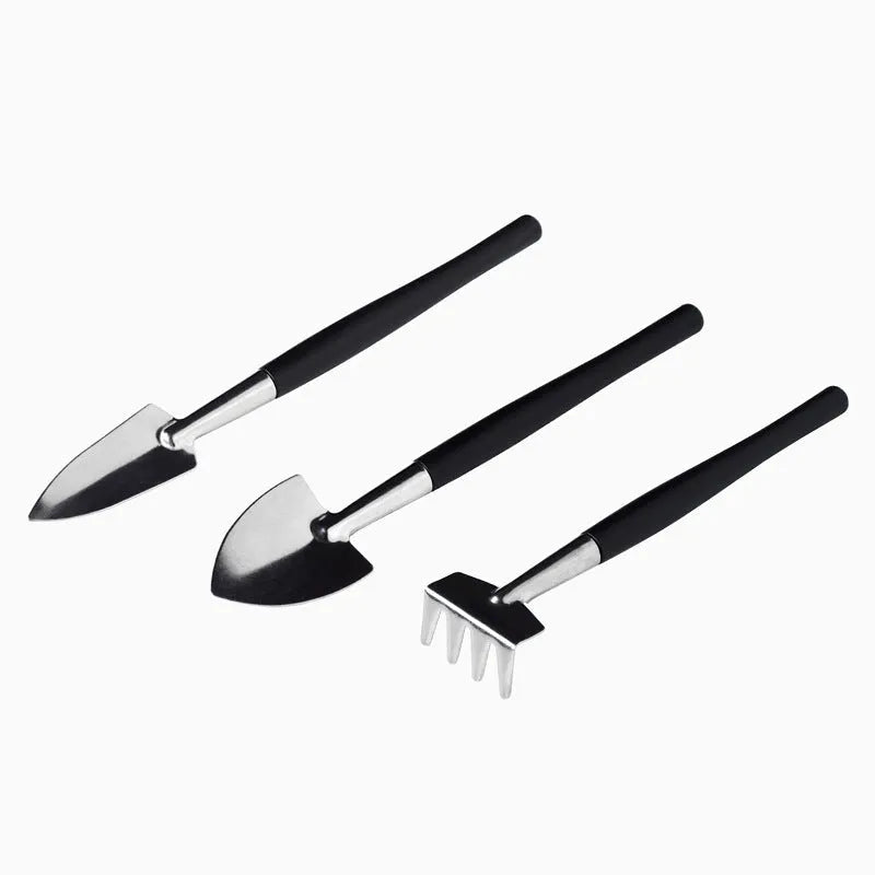 Black succulent garden tools set with tweezers, shovel, scissors, watering bottle and 75cm cushion mat