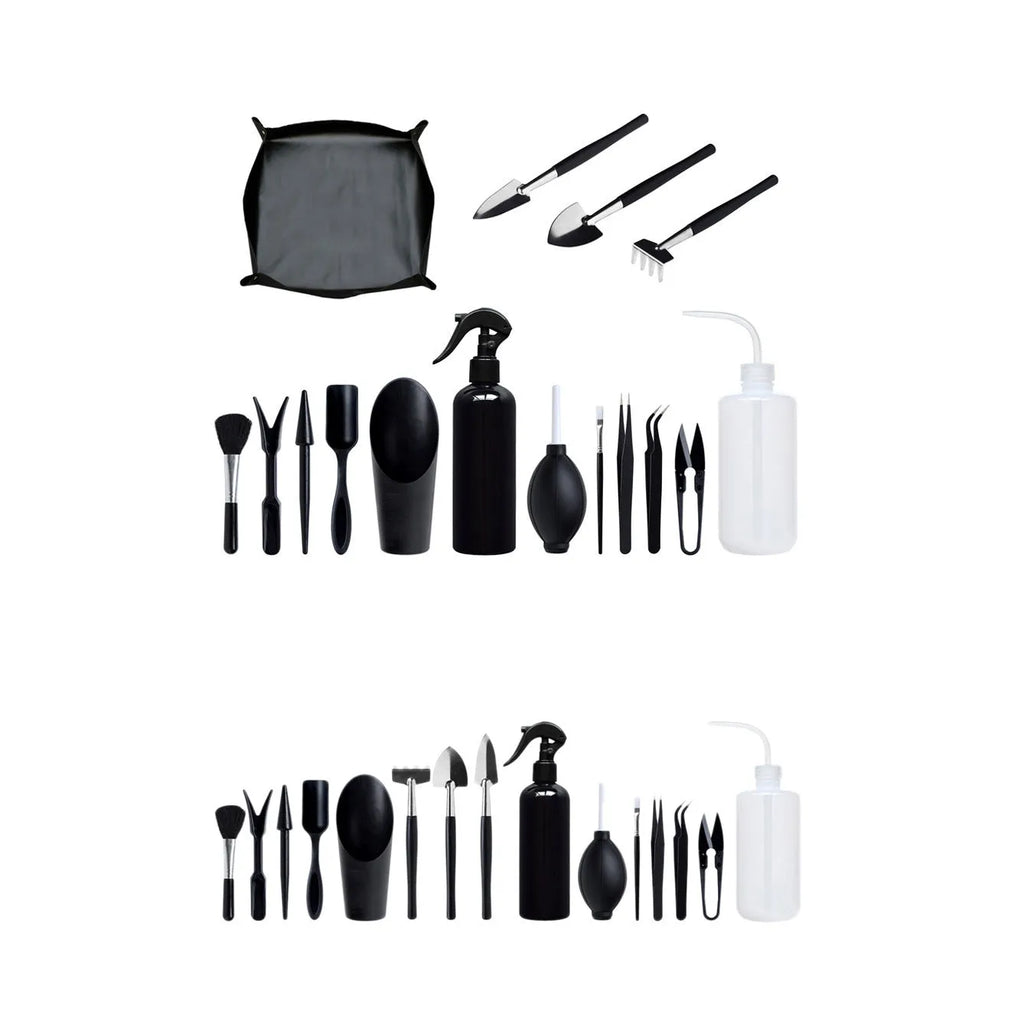 Black succulent garden tools set with tweezers, shovel, scissors, watering bottle and 75cm cushion mat