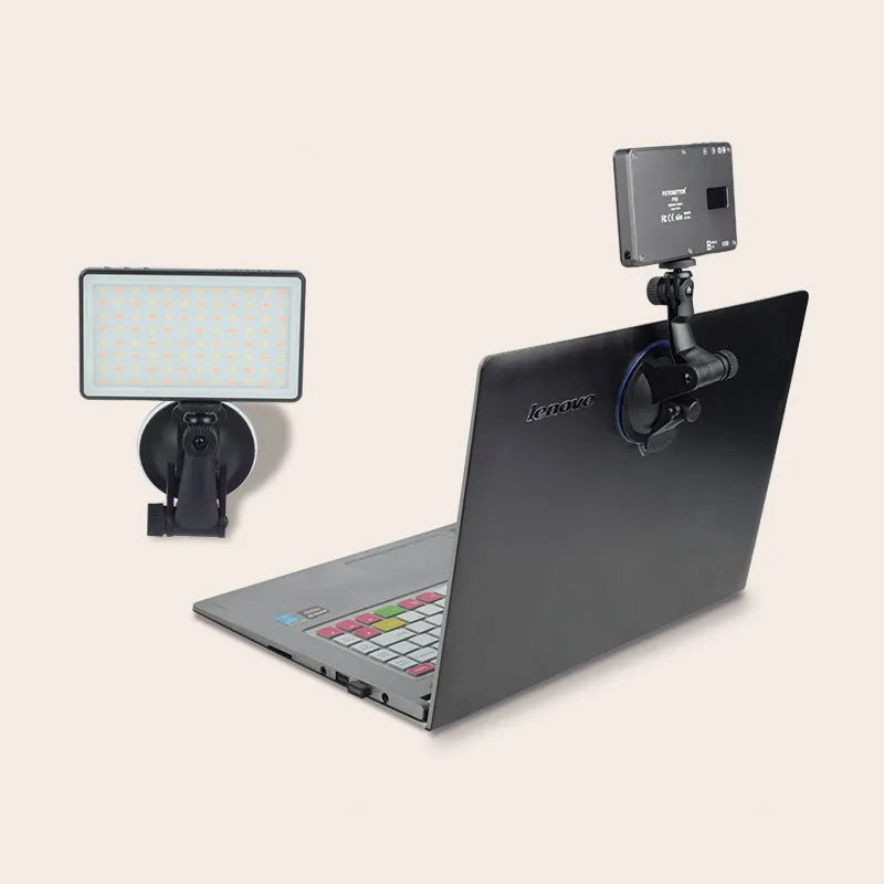 Black aluminium alloy LED conference light with 96 LEDs, OLED screen, and 1/4-inch mount.