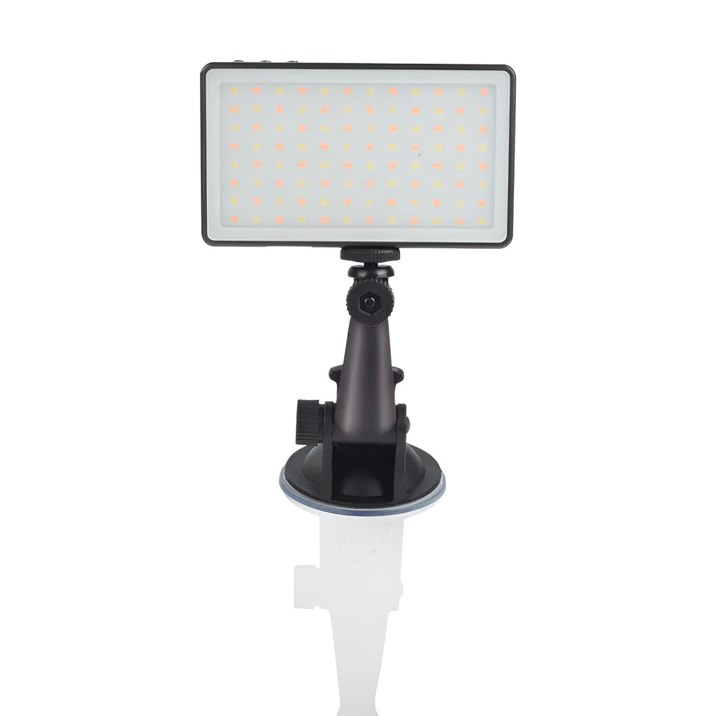 Black aluminium alloy LED conference light with 96 LEDs, OLED screen, and 1/4-inch mount.