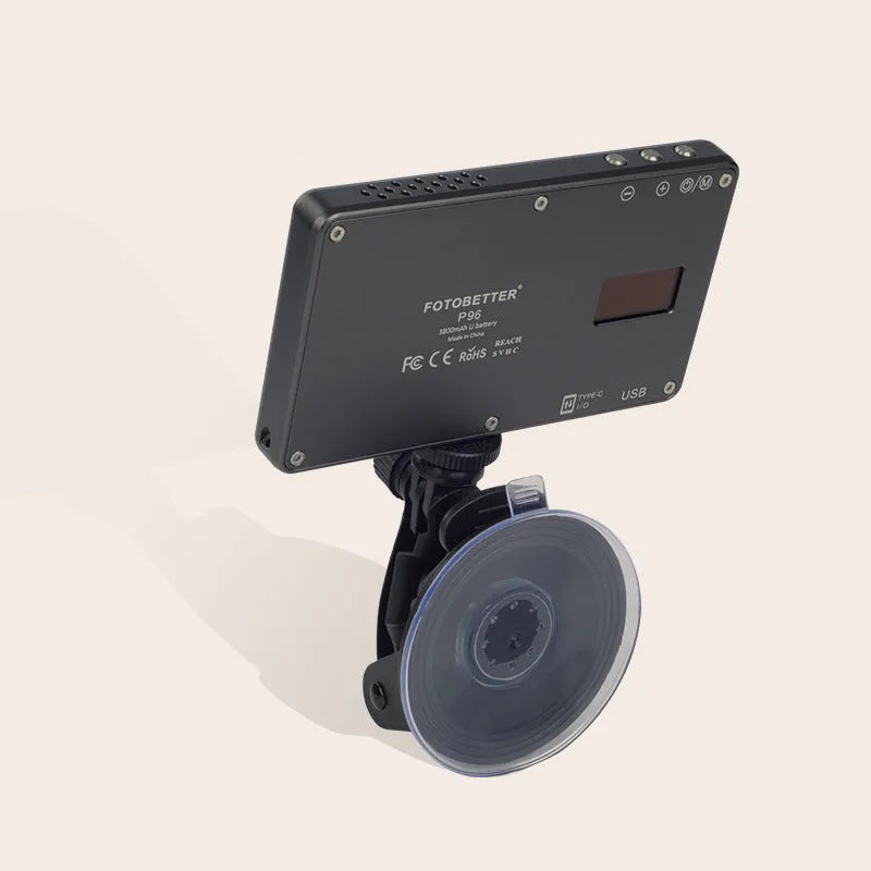 Black aluminium alloy LED conference light with 96 LEDs, OLED screen, and 1/4-inch mount.
