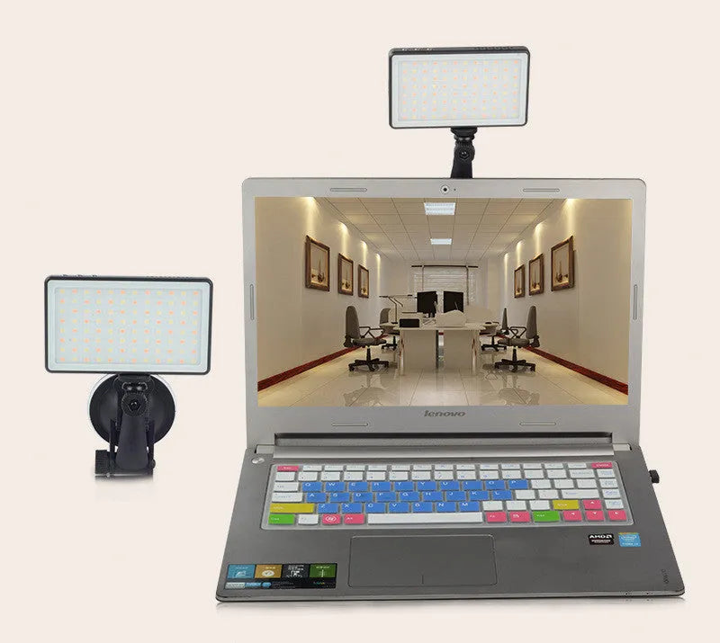 Black aluminium alloy LED conference light with 96 LEDs, OLED screen, and 1/4-inch mount.