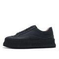 Women's black suede platform shoes with thick soles, back lacing, and a muffin heel on a white background.