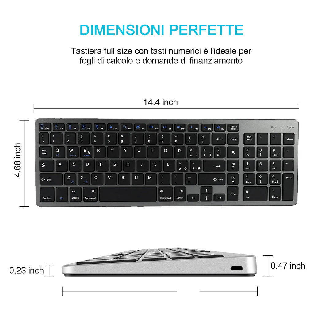 White and black ultra-thin Bluetooth keyboard for tablets and mobile phones showing 104-key layout.