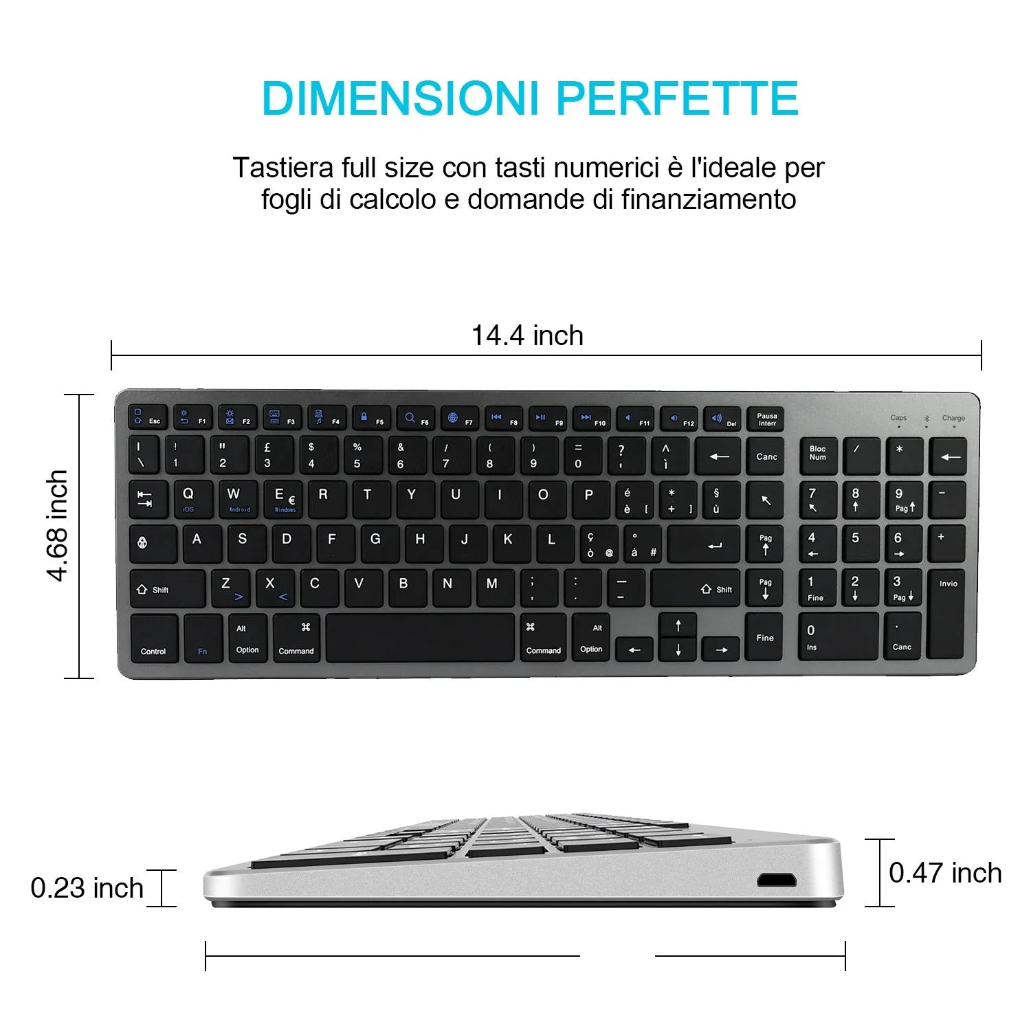 White and black ultra-thin Bluetooth keyboard for tablets and mobile phones showing 104-key layout.