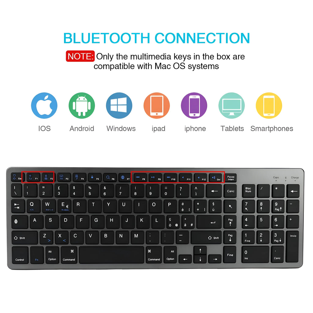 White and black ultra-thin Bluetooth keyboard for tablets and mobile phones showing 104-key layout.