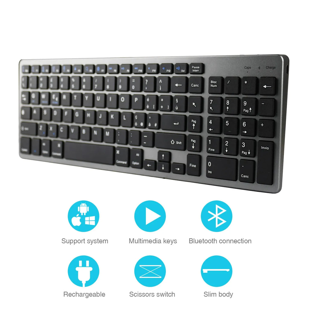 White and black ultra-thin Bluetooth keyboard for tablets and mobile phones showing 104-key layout.