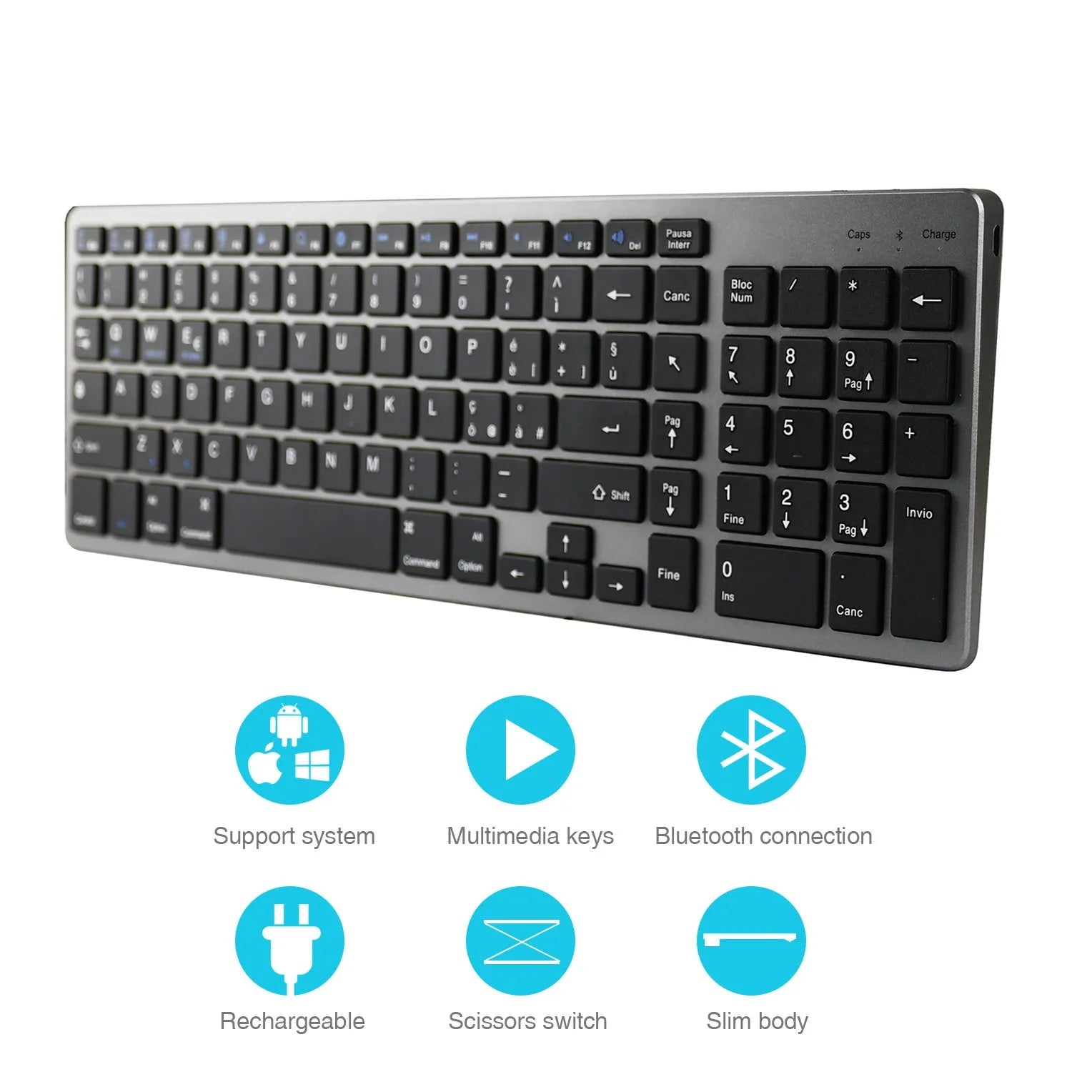 White and black ultra-thin Bluetooth keyboard for tablets and mobile phones showing 104-key layout.