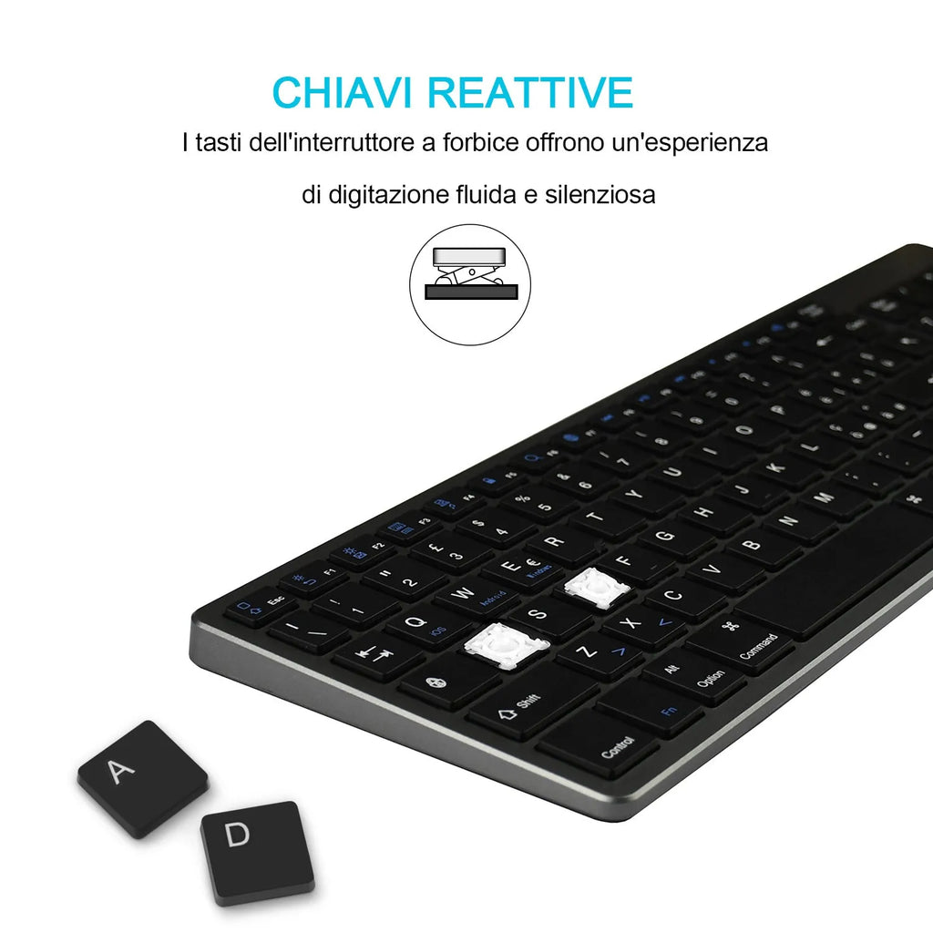 White and black ultra-thin Bluetooth keyboard for tablets and mobile phones showing 104-key layout.