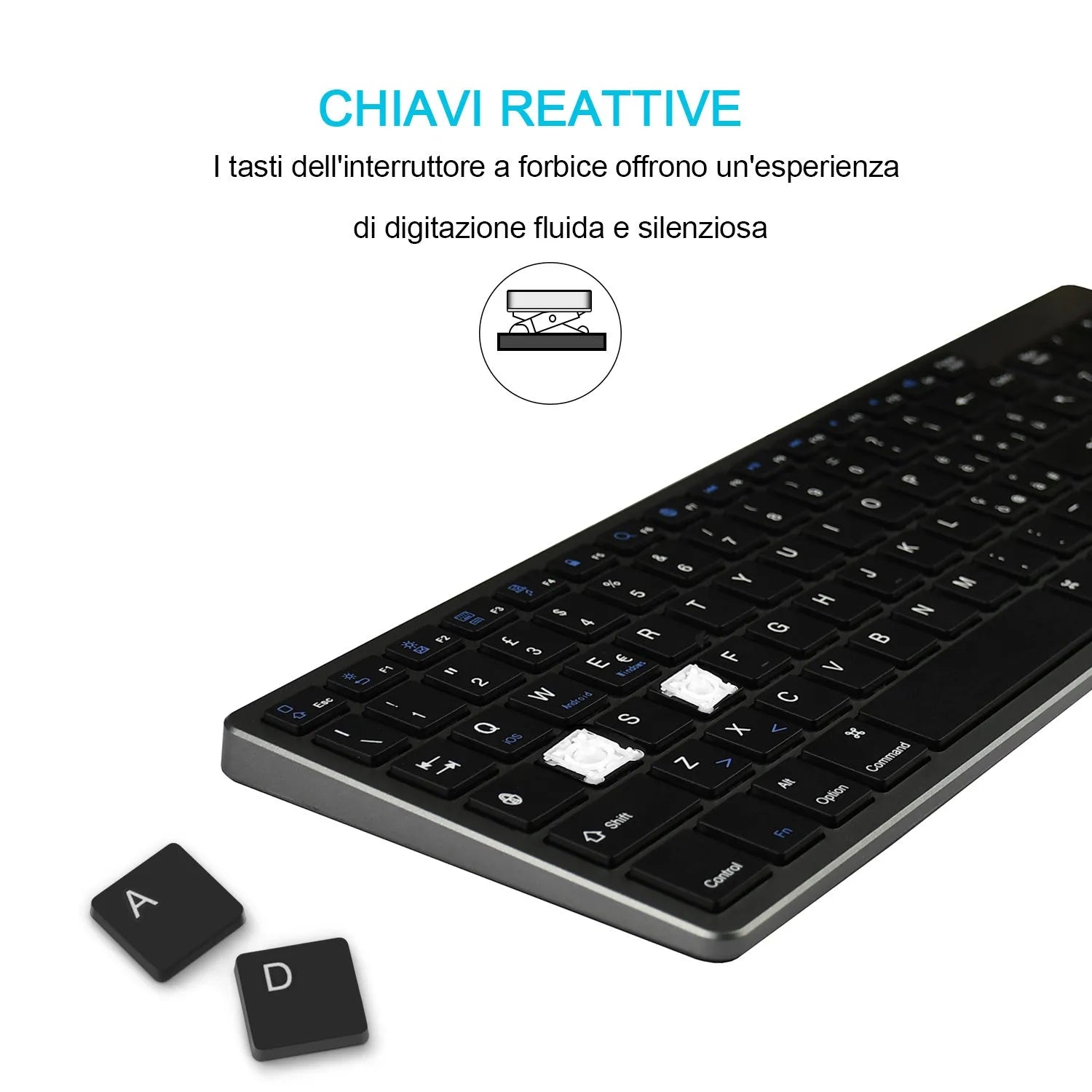 White and black ultra-thin Bluetooth keyboard for tablets and mobile phones showing 104-key layout.