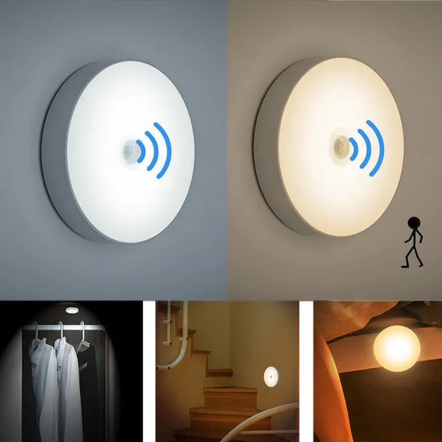 USB rechargeable body sensing LED night light in beige or white with 86mm diameter