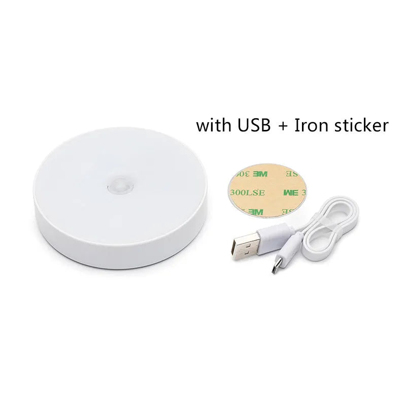 USB rechargeable body sensing LED night light in beige or white with 86mm diameter