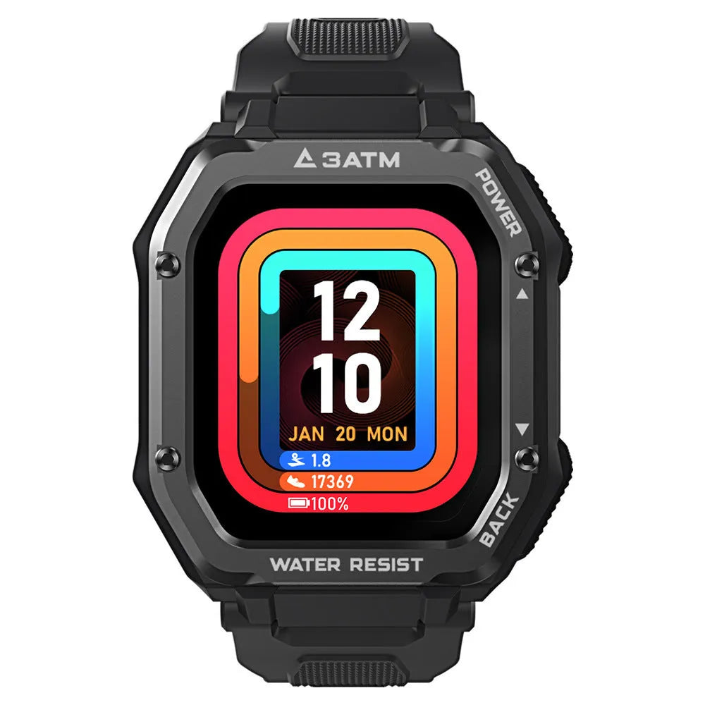 Army green outdoor smart watch with 1.69-inch screen on silicone wrist strap showing sports mode display
